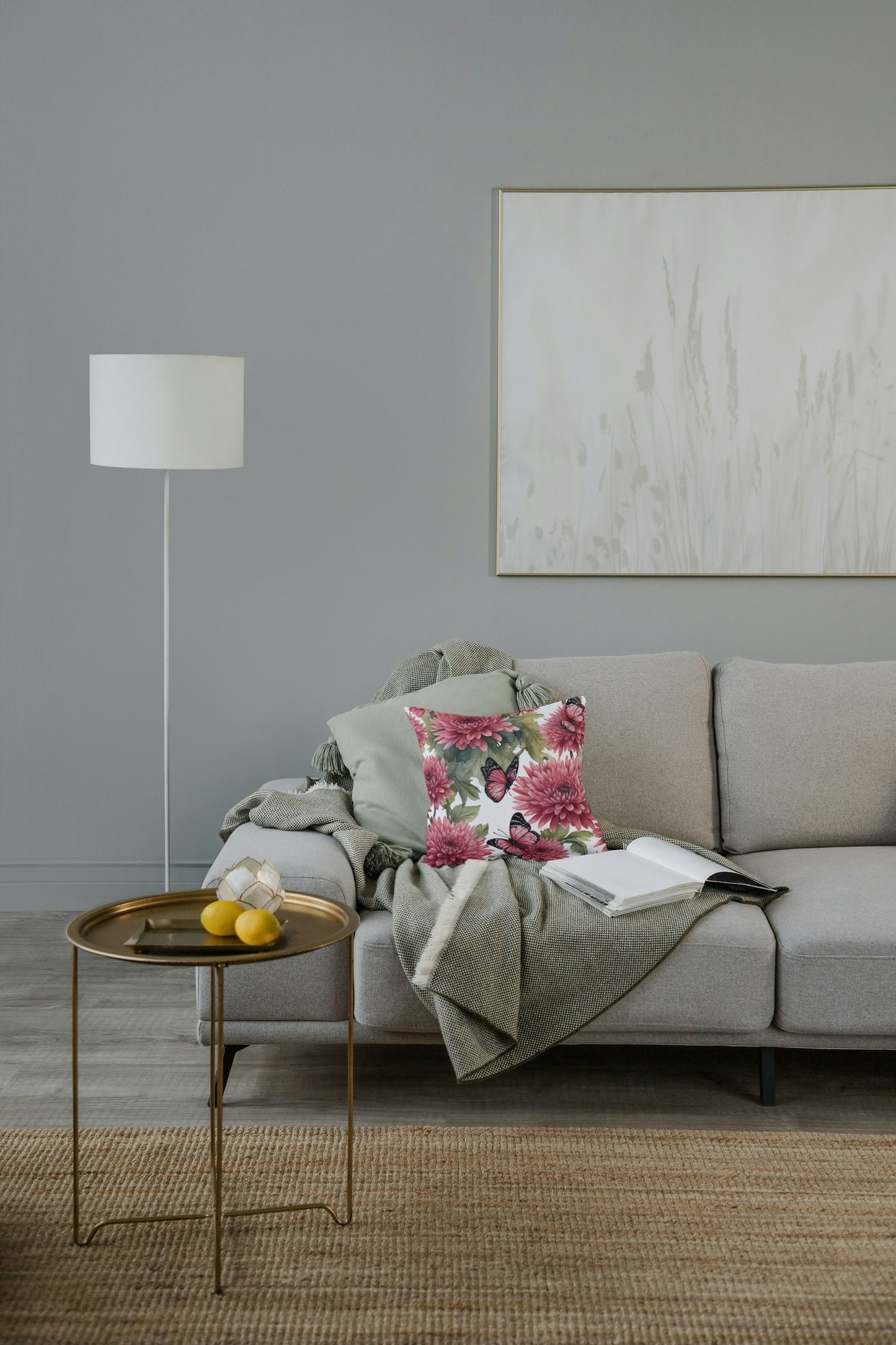 Cushion cover with floral print (pink)