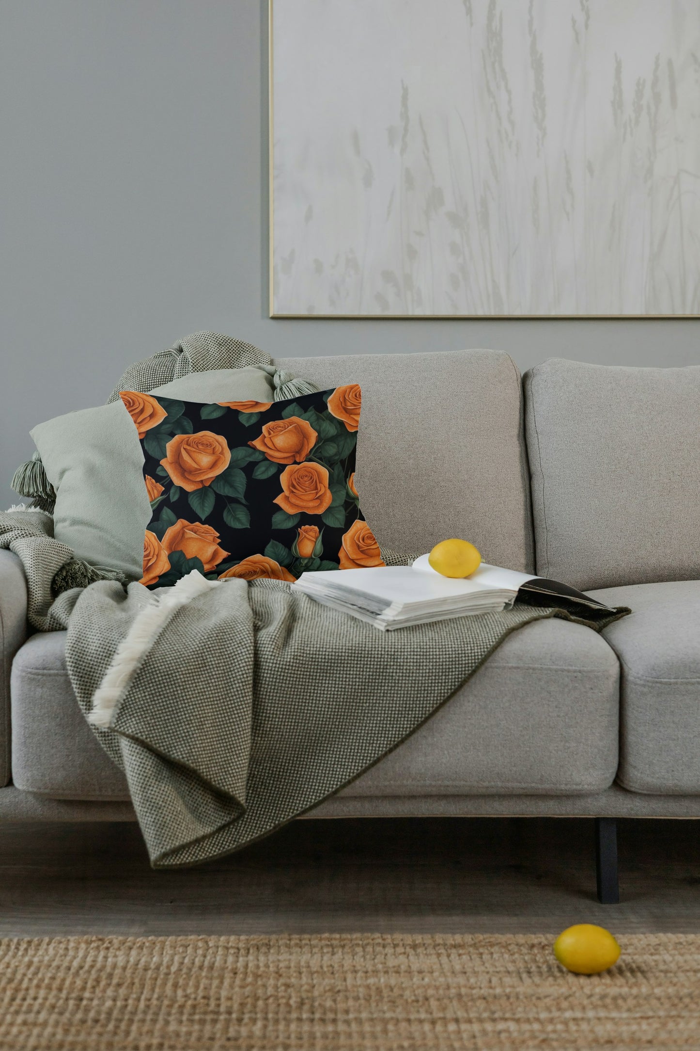 Cushion cover with rose print (Orange)